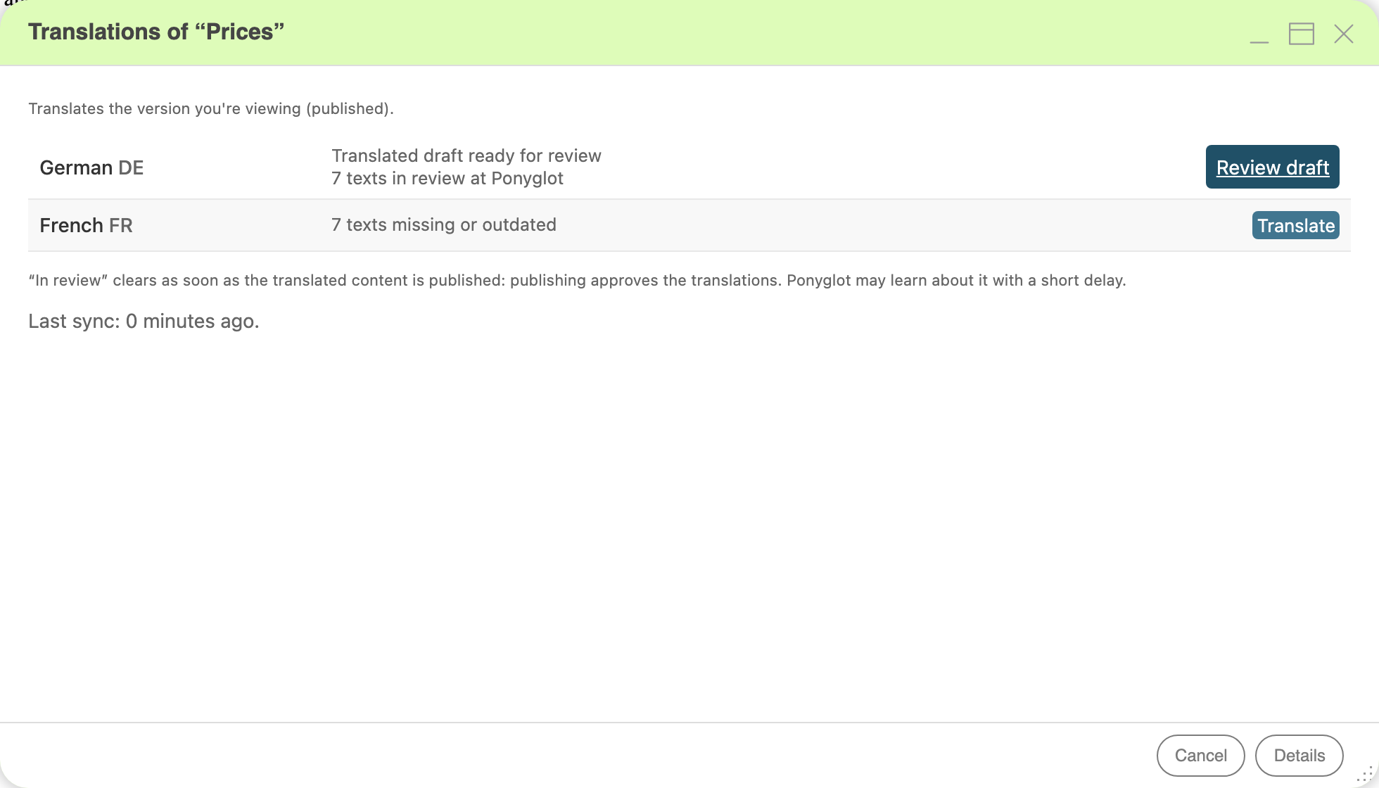 The dialog: German has a translated draft ready for review, French has texts missing with a Translate button; the footer has Cancel and Details.