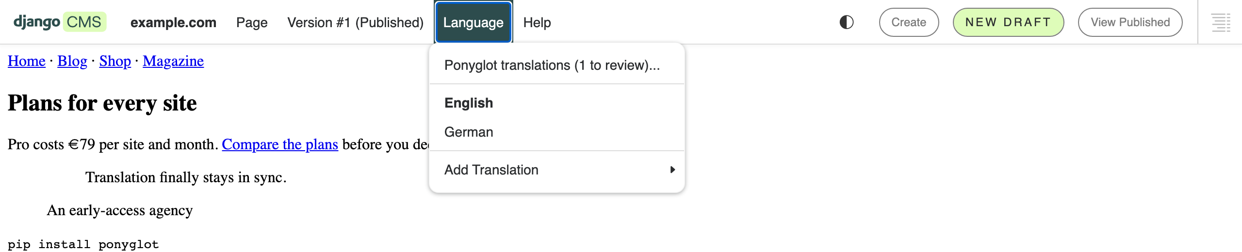 The django CMS toolbar with the Language menu open and "Ponyglot translations (1 to review)…" as its first entry.