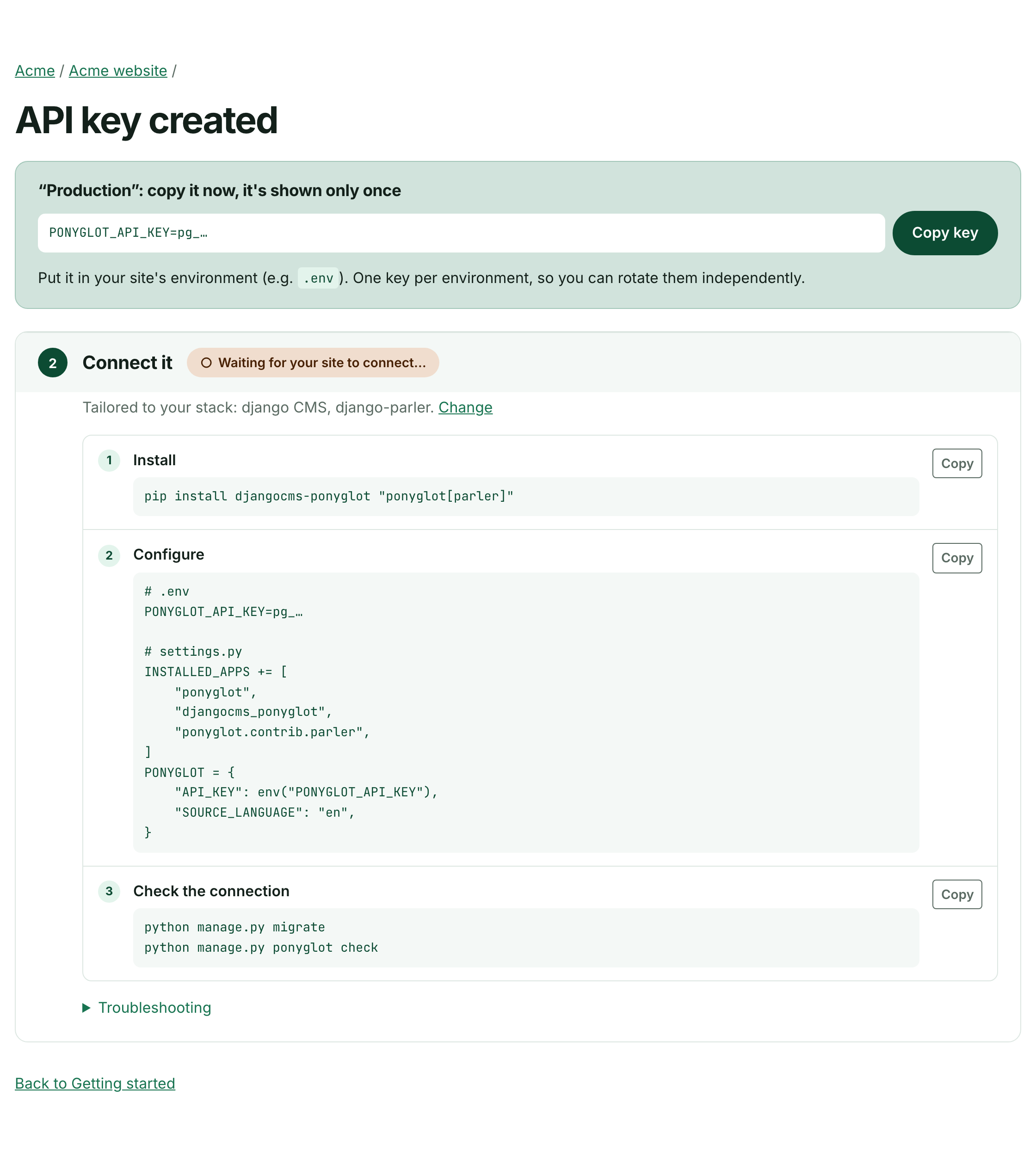 The "API key created" page with a Copy key button and the Connect it step below.